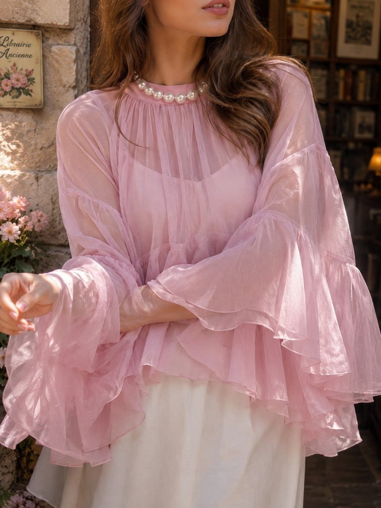 Pink Luxury Elegant Women's Chiffon Ruffle Cuff High Collar Blouse